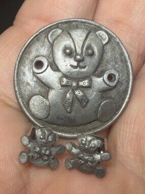 Torino Vintage Teddy Bear Brooch Earrings Set Detachable Clip 1.25"